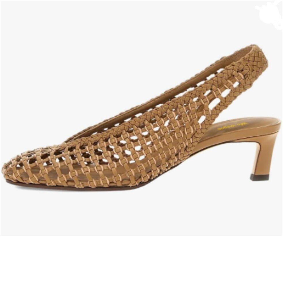 Wo Wagas Brown Slingback Strap Square Toe Slip On Low Kitten Heel Woven Sandals